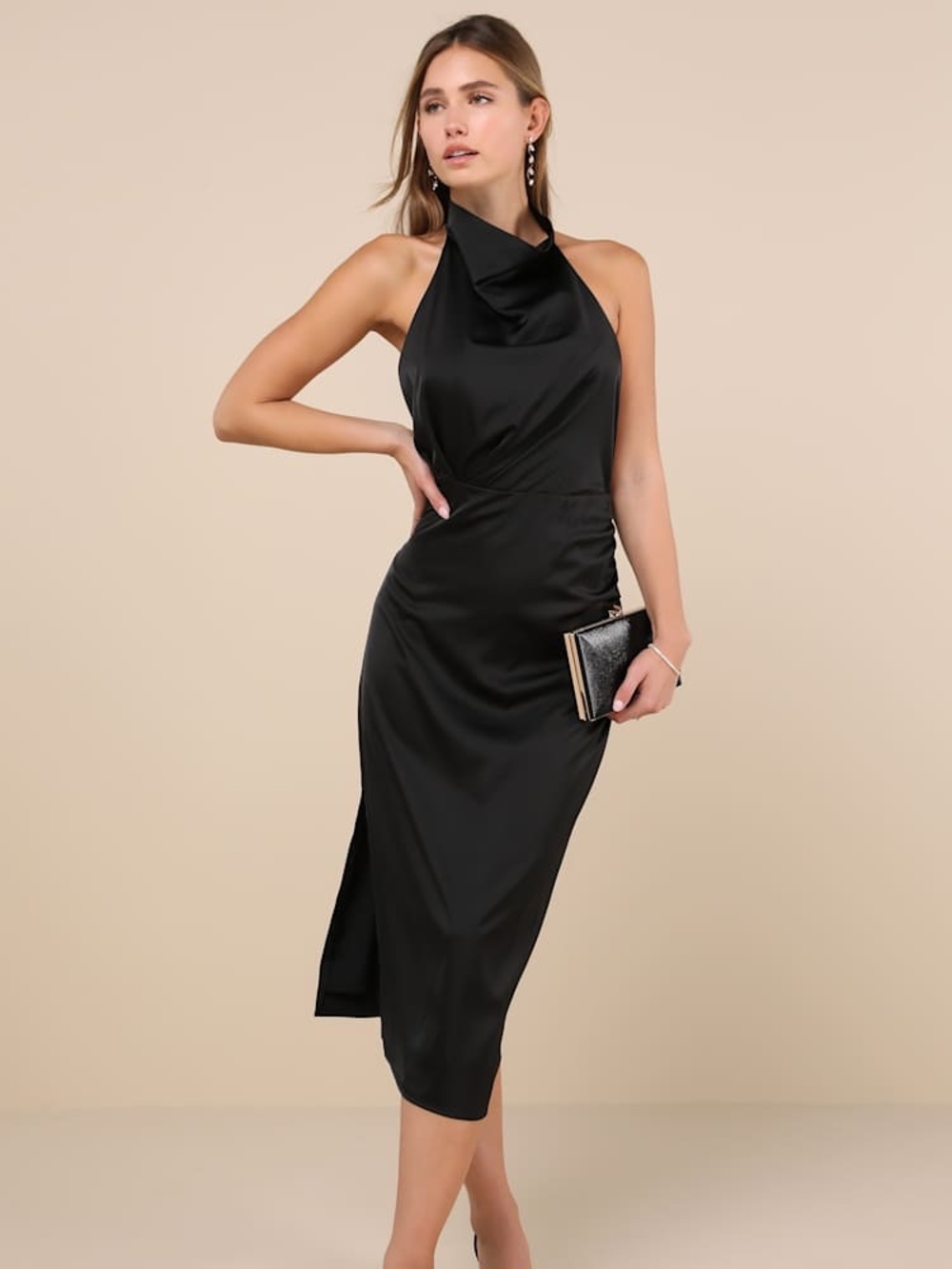 NWOT Lulus Gorgeous Season Black Satin Backless Midi Dress - Picture 1 of 4